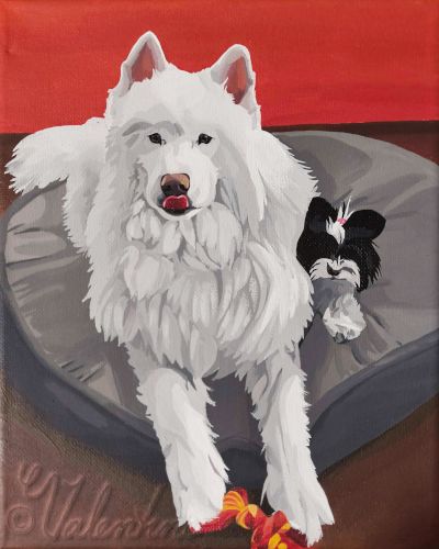 Painting of a Samoyed and Beiwer Yorkie dog sitting side by side on a large dog bed.