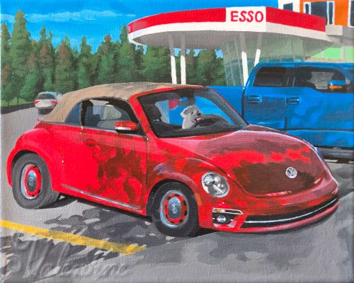 Painting of a red Volkswagen Beetle convertible in a parking lot with a dog sitting at the wheel.