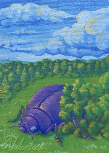 A giant purple beetle in a field with some wildflowers, stepping through a small patch of trees.