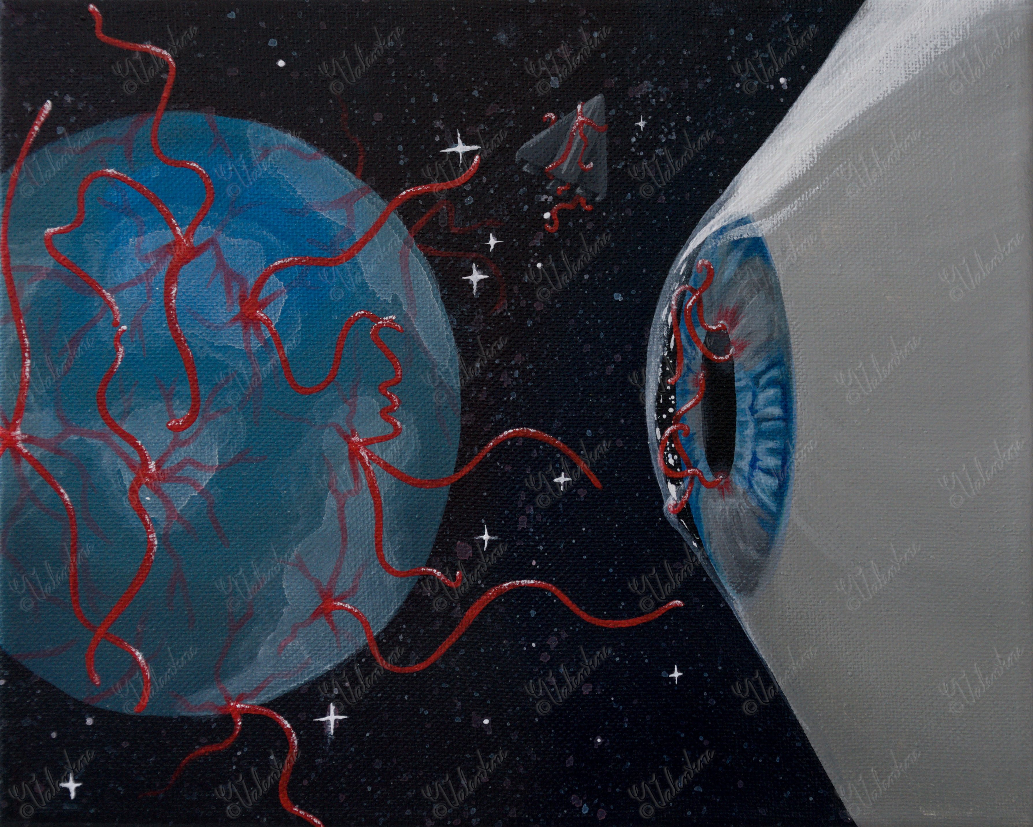 An eyeball in outer space, with red worms sticking out of the pupil, looking at a blue planet, which is covered in the same worms. A dead spaceship floats between them, also infested with red worms.