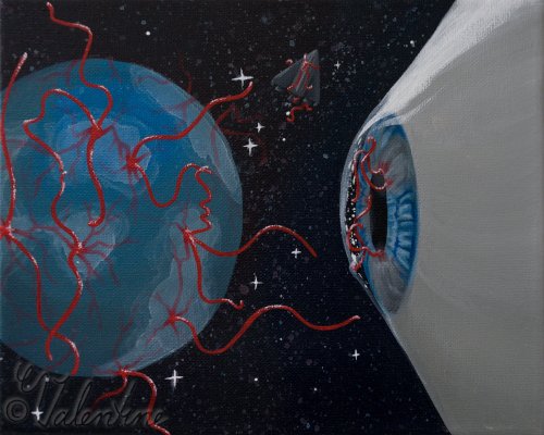 An eyeball in outer space, with red worms sticking out of the pupil, looking at a blue planet, which is covered in the same worms. A dead spaceship floats between them, also infested with red worms.